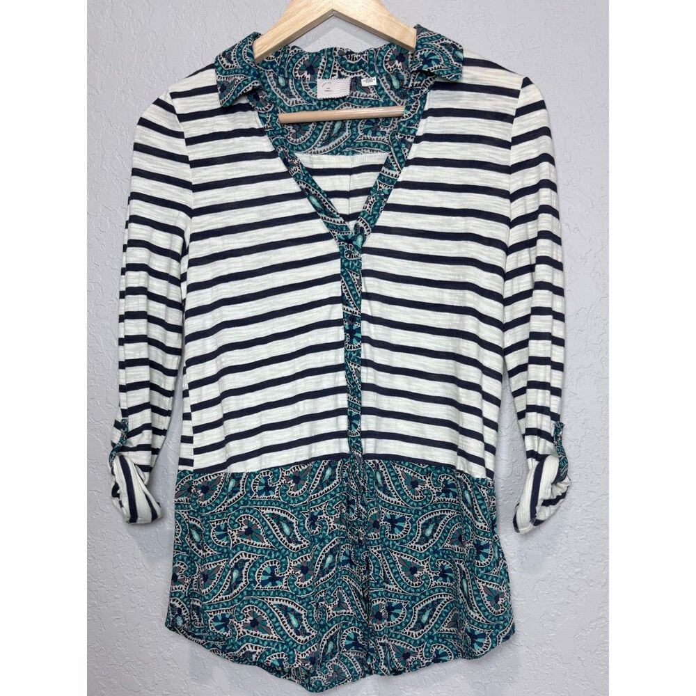 Anthropologie Postmark XS Paisley Striped Tunic Top Blue Boho Coastal Artsy